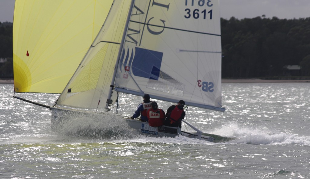 Glenn Bourke (Club Marine White)heading downwind. SB3 Nationals 2011 © Sail Port Stephens Event Media